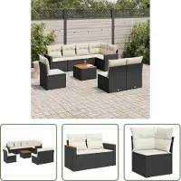 The Living Store 9-tlg. Garten-Sofagarnitur mit Kissen Schwarz Poly Rattan