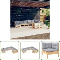 The Living Store 10-tlg. Garten-Lounge-Set mit Grauen Kissen Kiefernholz