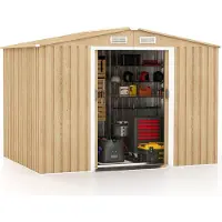 Costway Gerätehaus Metall abschließbar, Geräteschuppen mit Fundament, 4 Luftschlitzen und Schiebetür Natur 259x182x184cm