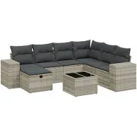 Syfax 8-tlg. Garten-Sofagarnitur mit Kissen Hellgrau Poly Rattan