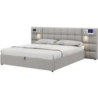 MODFU Modernes Polsterbett mit Stauraum, LED Beleuchtung, USB Ladefunktion, Holzlattenrost und großem Kopfteil 200x180 cm Grau
