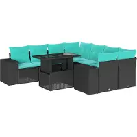 Syfax 9-teiliges Gartensofa-Set mit Kissen, schwarzes Polyrattan