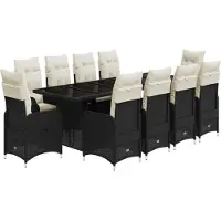 Syfax 11-tlg. Garten-Bistro-Set mit Kissen Schwarz Poly Rattan