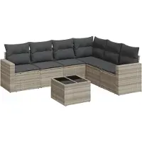 Syfax 7-tlg. Garten-Sofagarnitur mit Kissen Hellgrau Poly Rattan