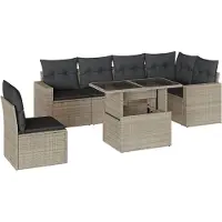 Syfax 7-tlg. Garten-Sofagarnitur mit Kissen Hellgrau Poly Rattan
