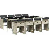 Syfax 9-tlg. Garten-Essgruppe mit Kissen Hellgrau Poly Rattan