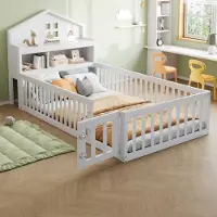 Merax Kinderbett 90x200 cm mit Kopfteil-Regalfächern, Hausbett mit Kreidetafel, Tür und Schutzgitter, Einzelbett mit Massivholz Kiefer, Weiß