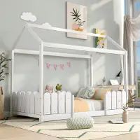 Merax Kinderbett Hausbett 90x200cm Spielbett Kinderhaus mit Rausfallschutz und Lattenrost, Schönes Babybett aus Kiefernholz, Weiß