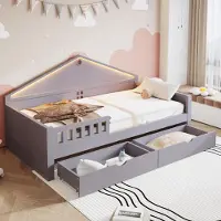 STILVORA Kinderbett 90x200 cm Einzelbett mit LED-Lichtleiste & Lattenrost, Stauraumbett mit 2 Schubladen, Jugendbett für Schlafzimmer mit App-Steuerung, Grau