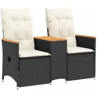 Syfax Gartensofa 2-Sitzer Verstellbar mit Tisch Schwarz Poly Rattan