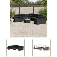 The Living Store 11-tlg. Garten-Sofagarnitur mit Kissen Schwarz Poly Rattan