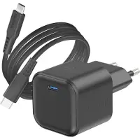 Swissten , GaN Ladegerät USB-C PD 20W mit USB-C auf USB-C Kabel 1.2m, Schwarz