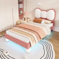 Merax Polsterbett 90x200 aus Samtstoff, Kinderbett mit Fliege-Kopfteil, Einzelbett mit LED-Lichtleiste, stabiler Lattenrost, beige + rosa