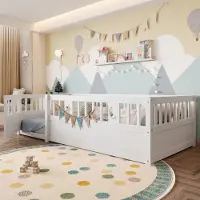 Flieks Kinderbett 90x190cm mit Klapptür, Bodenbett Einzelbett ohne lattenrost, Klassisches Kinderbett mit Rausfallschutz, Weiß