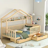 ALFORIGO Hausbett 90 x 200 aus Kiefernholz mit Ablageregal – Kinderbett mit Schubladen, Lattenrost und rückseitigen Bücherablagen, Bettgestell in Natur