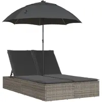 Syfax Doppel-Sonnenliege mit Kissen & Sonnenschirm Grau Poly Rattan