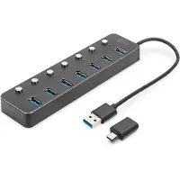 Digitus USB 3.0 Hub, 7-port, schaltbar, Aluminium Gehäuse, USB 3.2 Gen 1 (3.1 Gen 1) Type-A, USB 3.2 Gen 1 (3.1 Gen 1) Type-A, 5000 Mbit/s, Grau, Aluminium, 0,15 m