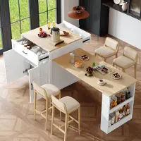 Flieks ausziehbarer Esstisch Bartisch, Küchentisch mit 2 Schubladen und 4 Fächern, Esszimmertisch mit Stauraum, multifunktionale Kücheninsel, Weiß