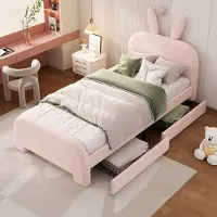 OKWISH Kinderbett Plattformbett 90×200 cm mit Lattenrost und zwei Schubladen, Polsterbett Jugendbett für Jungen und Mädchen, Funktionelles Einzelbett mit Kopfteil in Kaninchenform, Rosa(Ohne Matratze)
