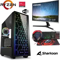 MEG-BAR Gaming Komplett Set - Ryzen 5 5600G 6x4,4GHz - 16GB RAM - Radeon Graphics - 27" Samsung Curved LED Monitor - 4 in 1 Gaming Kit - RGB Echtglas Gehäuse