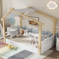 STILVORA Holzbetten 90x190cm Kinderbett mit Lattenroste,ohne matratze,Jugendbett-Bettgestell mit exquisitem Holzhausdesign,Kiefer + Spanplatte +MDF,Weiß+Natur