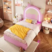 MODFU Kinderbett Polsterbett 90×200 cm mit Leuchtleiste, Einzelbett Prinzessinnenbett mit Kopfteil in Einhornform und 2 Schubladen(Ohne Matratze), PolyurethanRosa