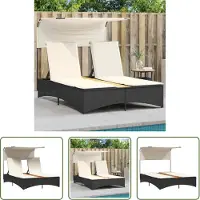 The Living Store Doppel-Sonnenliege mit Dach und Auflagen Schwarz Poly Rattan