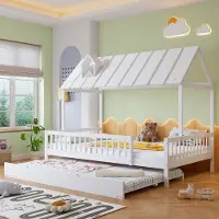 OKWISH Kinderbett Einzelbett 120x200cmmit Rollbett 120x190cm , Massivholzbett Hausbett mit mit 3-seitigem Gitter und Kaminleiste, Jugendbett mit Rausfallschutz(Ohne Matratze)- Weiß
