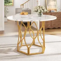 Ninkear Runder Esstisch 100x100x76cm, Metallbeine, MDF Marmor, goldene Beine (Golden+White)