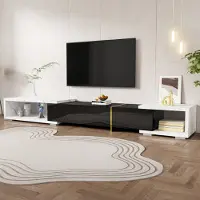 MODFU TV-Schrank TV-Möbel Fernsehschrank TV-Sideboard mit variabler Länge (140-260 cm), drehbarer Funktion, schwarzer Marmoroptik,schwarzem Hochglanz-Matt-Finish weiß&schwarz