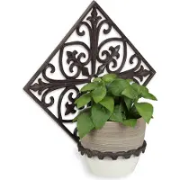 Relaxdays Blumenhalter Wand, Gusseisen, antik, Wandblumentopfhalter Garten, Ø 13 cm, dekorativ verziert, dunkelbraun
