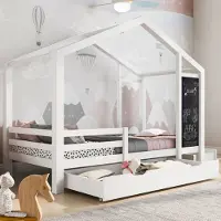 Flieks Hausbett Kinderbett 90x200cm, Kinderbetten mit Tafel und Lattenrost, Einzelbett Holzbett Rahmen aus Kiefer Massivholzbett, ohne Matratze
