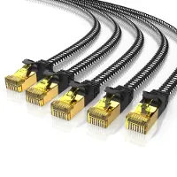 Primewire LAN-Kabel 5er Set CAT 7 Flachband Netzwerkkabel 10 Gbit/s, U/FTP PIMF Schirmung, vergoldete RJ45-Stecker, Baumwollmantel, Patchkabel, 5 Stück, 0,25 m, schwarz
