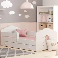 KIDS Collection Kinderbett 70x140 cm mit Matratze und Schublade Lattenrost & abnehmbarer Rausfallschutz Bett für Kinder Bett komplett Set in weiß mit Prinzessin Motiv