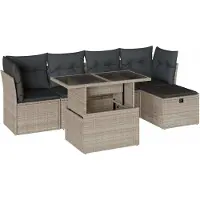Syfax 6-tlg. Garten-Sofagarnitur mit Kissen Hellgrau Poly Rattan