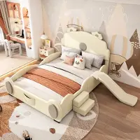 MODFU Kinderbett Polsterbett 140×200 cm mit LED-Farbwechsellicht und Rutsche, Jugendbett Einzelbett mit Leiter und Kopfteil in Bärenform(Ohne Matratze), PolyurethanBeige