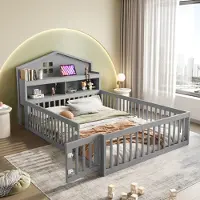 OKWISH Kinderbett Bodenbett 140 x 200, Hausleiste, mit Einlegeböden und Stauraum, mit Schutzgitter und Tür, mit Bilderleiste, mit Lattenrost, Grau ohne Matratze