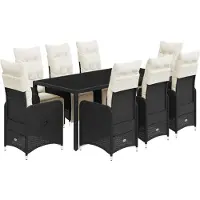 Syfax 9-tlg. Garten-Bistro-Set mit Kissen Schwarz Poly Rattan