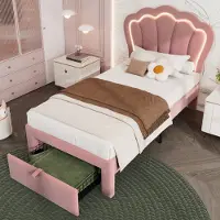 OKWISH Kinderbett Plattformbett 90×190 cm mit Lattenrost, Polsterbett Jugendbett für Jungen und Mädchen, Funktionelles Einzelbett mit LED-Licht und Schubladen- Samt Rosa(Ohne Matratze)