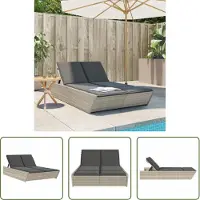 The Living Store Doppel-Sonnenliege mit Kissen Hellgrau Poly Rattan