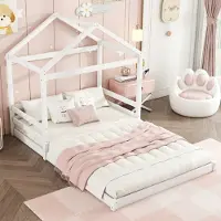 STILVORA Kinderbett 140×200 ohne Matratze Hausbett Bodenbett in Hausform Jugendbett aus Massivholz mit Lattenrost,weiß