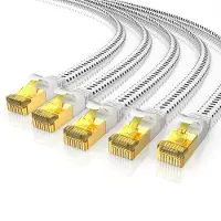Primewire LAN-Kabel 5er Set CAT 7 Flachband Netzwerkkabel 10 Gbit/s, U/FTP PIMF Schirmung, vergoldete RJ45-Stecker, Baumwollmantel, Patchkabel, 5 Stück, 0,25 m, weiß