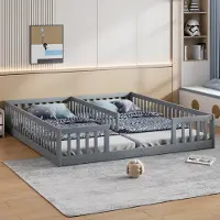 Merax Kinderbett 2× 90x200 cm, Massivholzbett mit Gitter, Ohne Lattenrost, Kiefernholz, Bodenbett, Flachbett, Jugendbett, Grau