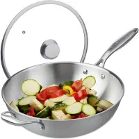 Relaxdays Wok, Ø 32 cm, Edelstahl unbeschichtet, Glasdeckel, Gas-, Elektro-, Induktionsherd, Wokpfanne mit Griff, silber