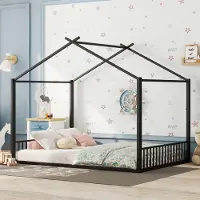 Merax Kinderbetten 140x200 cm, Hausbett, Jugendbett aus Dachrahmen Metall, Flachbett, Bodenbett, Schwarz