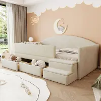 ALFORIGO Polsterbett 90x190 cm mit 2 Schubladen, gepolstertem Schutzgeländer und Stufen, Samtstoff, 12-Lattenrost, ohne Matratze, Beige
