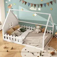 STILVORA 140x200 Kinderbett mit Hausleiste,Jugendbett aus Holz,Einzelbett in Hausform für Jungen und Kinder,Einfach zu montieren,mit Matratze,MDF,weiß