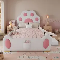 Ulife Polsterbett, Einzelbett, Kinderbett, Kopfteil in Form einer Cartoon - Katzenpfote, mit einer Kinderrutsche, Weiß + Rosa, 90x200cm