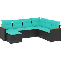 Syfax 7-teiliges Gartensofa-Set mit Kissen, schwarzes Polyrattan