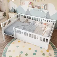 MODFU Kinderbett Paneelbett ohne Matratze 140x190 Jugendbett Bettgestell mit Lattenrost, Holzbett mit verriegelbare Sicherheitsgitter,Weiß